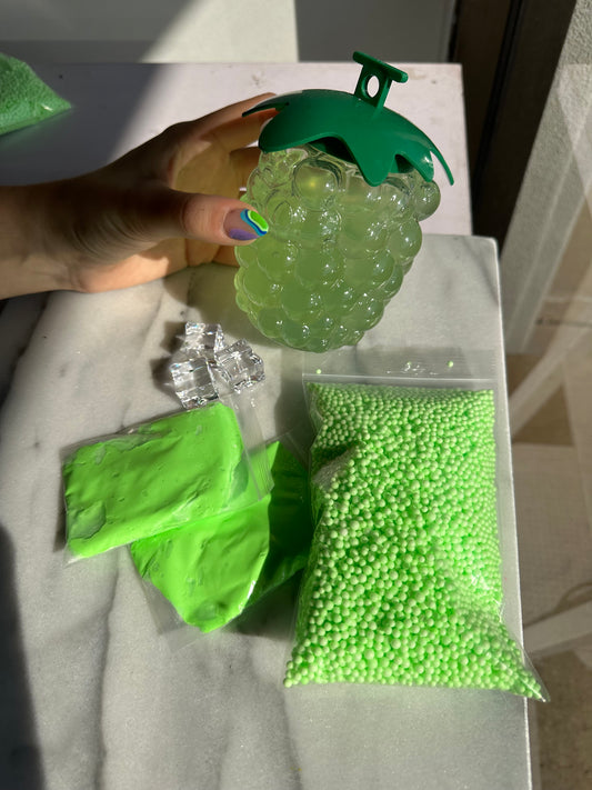 Green Grape Water Slime DIY KIT: Clay, Beads, Ice Cube Charms + Extra Container